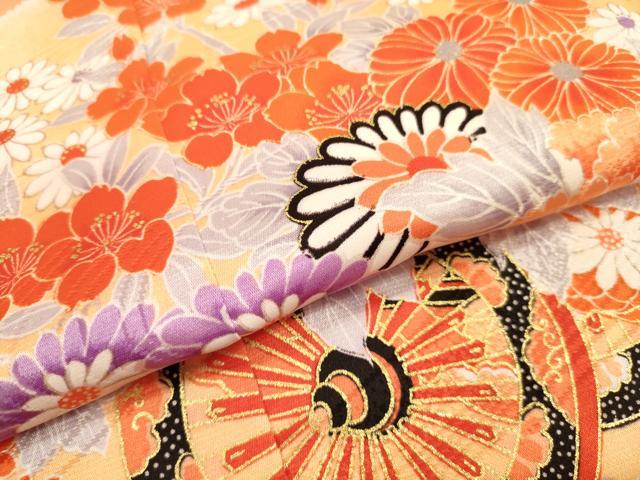 平和屋着物[]七五三　女の子　７歳　祝着　四つ身　長襦袢・丸帯セット　駒刺繍　花車文　金彩　洗える着物　DAAR1379jm