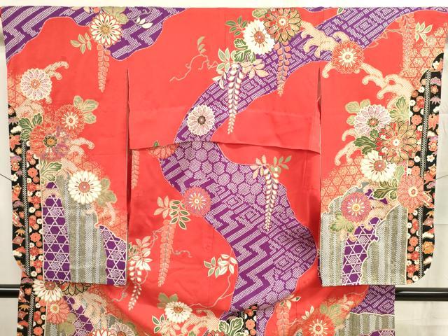 平和屋着物[]七五三　女の子　７歳　祝着　四つ身　道長花文　金彩　逸品　DAAR1389jm