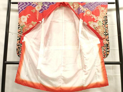 平和屋着物[]七五三　女の子　７歳　祝着　四つ身　道長花文　金彩　逸品　DAAR1389jm