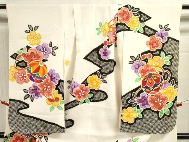 平和屋着物[]七五三　女の子　７歳　祝着　四つ身　駒刺繍　鞠花文　金彩　洗える着物　DAAR1396jm