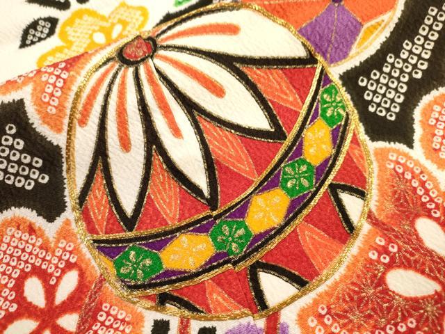 平和屋着物[]七五三　女の子　７歳　祝着　四つ身　駒刺繍　鞠花文　金彩　洗える着物　DAAR1396jm