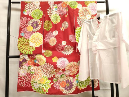 平和屋着物[]七五三　女の子　７歳　祝着　四つ身　長襦袢(半衿刺繍)セット　花鳥文　金彩　洗える着物　DAAR1411jm