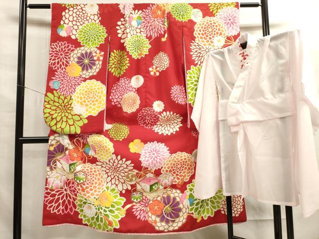 平和屋着物[]七五三　女の子　７歳　祝着　四つ身　長襦袢(半衿刺繍)セット　花鳥文　金彩　洗える着物　DAAR1411jm
