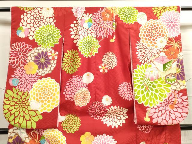 平和屋着物[]七五三　女の子　７歳　祝着　四つ身　長襦袢(半衿刺繍)セット　花鳥文　金彩　洗える着物　DAAR1411jm