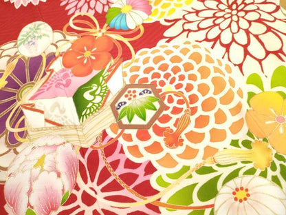 平和屋着物[]七五三　女の子　７歳　祝着　四つ身　長襦袢(半衿刺繍)セット　花鳥文　金彩　洗える着物　DAAR1411jm