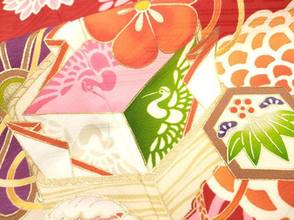 平和屋着物[]七五三　女の子　７歳　祝着　四つ身　長襦袢(半衿刺繍)セット　花鳥文　金彩　洗える着物　DAAR1411jm