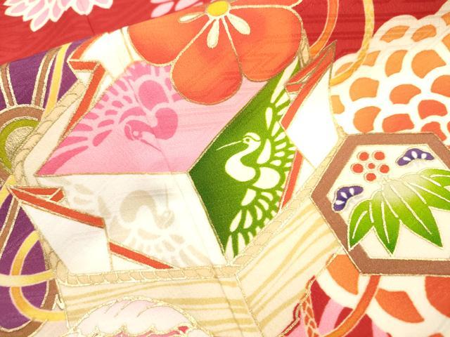 平和屋着物[]七五三　女の子　７歳　祝着　四つ身　長襦袢(半衿刺繍)セット　花鳥文　金彩　洗える着物　DAAR1411jm