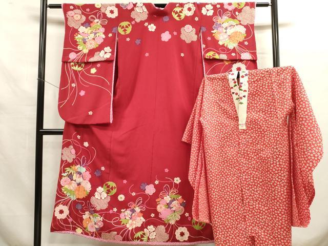 平和屋着物[]七五三　女の子　７歳　祝着　四つ身　襦袢(半衿刺繍)セット　くす玉　舞花文　金彩　洗える着物　DAAR1423jm