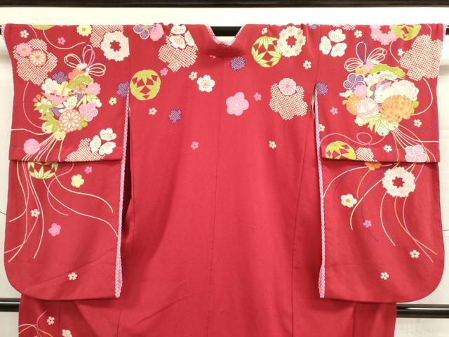 平和屋着物[]七五三　女の子　７歳　祝着　四つ身　襦袢(半衿刺繍)セット　くす玉　舞花文　金彩　洗える着物　DAAR1423jm