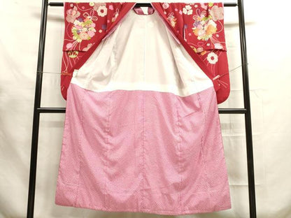 平和屋着物[]七五三　女の子　７歳　祝着　四つ身　襦袢(半衿刺繍)セット　くす玉　舞花文　金彩　洗える着物　DAAR1423jm