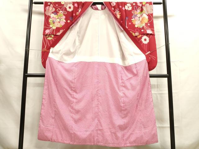 平和屋着物[]七五三　女の子　７歳　祝着　四つ身　襦袢(半衿刺繍)セット　くす玉　舞花文　金彩　洗える着物　DAAR1423jm