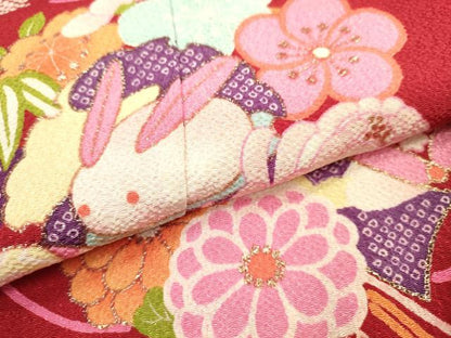 平和屋着物[]七五三　女の子　７歳　祝着　四つ身　襦袢(半衿刺繍)セット　くす玉　舞花文　金彩　洗える着物　DAAR1423jm