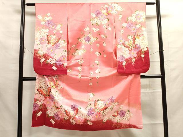 平和屋着物[]七五三　女の子　７歳　祝着　四つ身　花蝶文　金彩　洗える着物　DAAR1438jm