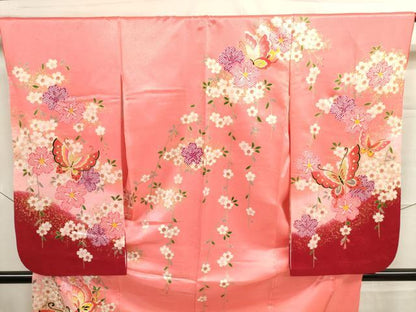 平和屋着物[]七五三　女の子　７歳　祝着　四つ身　花蝶文　金彩　洗える着物　DAAR1438jm