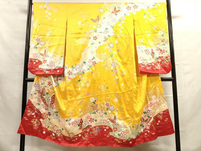 平和屋着物∵女の子 十三参り 子供 祝着・袋帯セット 駒刺繍 舞蝶花文 金彩 逸品 DAAR1452jm
