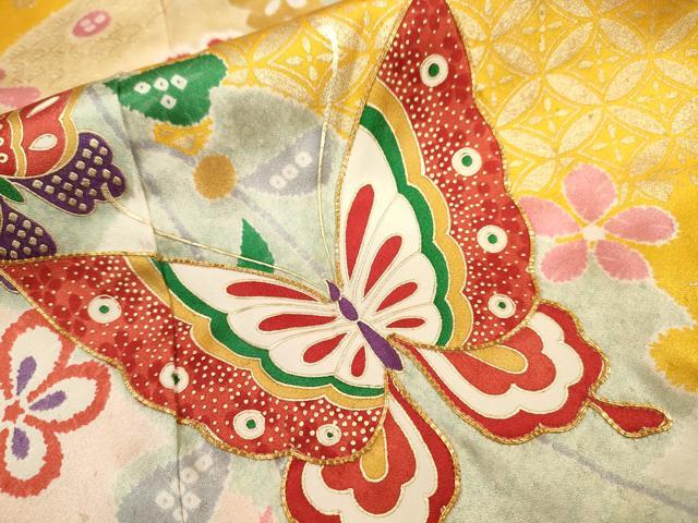 平和屋着物∵女の子 十三参り 子供 祝着・袋帯セット 駒刺繍 舞蝶花文 金彩 逸品 DAAR1452jm