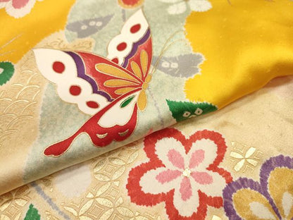 平和屋着物∵女の子 十三参り 子供 祝着・袋帯セット 駒刺繍 舞蝶花文 金彩 逸品 DAAR1452jm