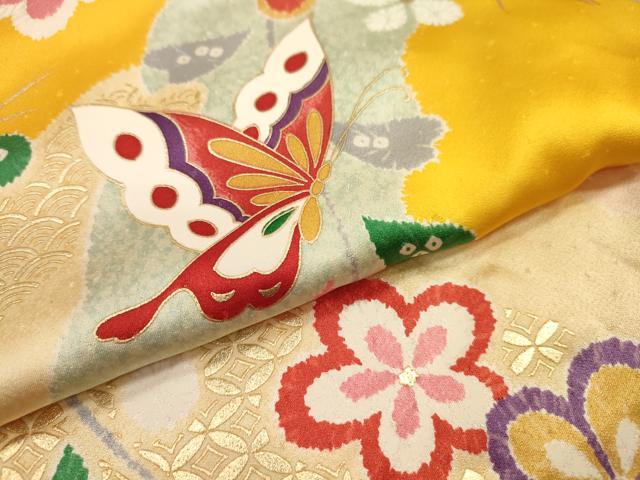 平和屋着物∵女の子 十三参り 子供 祝着・袋帯セット 駒刺繍 舞蝶花文 金彩 逸品 DAAR1452jm