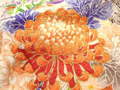 平和屋着物[]七五三　女の子　７歳　祝着　四つ身　駒刺繍　草花文　金彩　洗える着物　DAAR1455jm