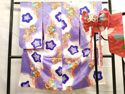 平和屋着物[]七五三　女の子　７歳　祝着　四つ身　つけ帯セット　鼓花鳥文　暈し染め　金彩　逸品　DAAR1465jm