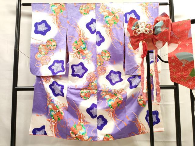 平和屋着物[]七五三　女の子　７歳　祝着　四つ身　つけ帯セット　鼓花鳥文　暈し染め　金彩　逸品　DAAR1465jm