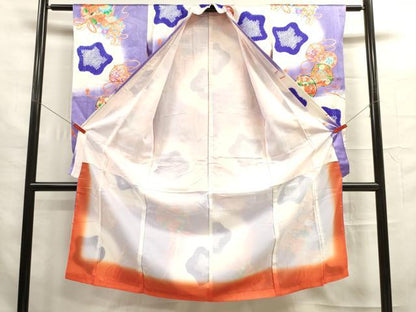 平和屋着物[]七五三　女の子　７歳　祝着　四つ身　つけ帯セット　鼓花鳥文　暈し染め　金彩　逸品　DAAR1465jm