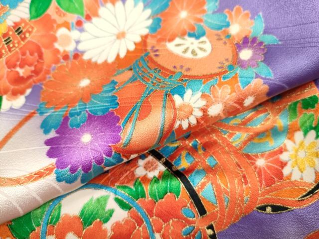 平和屋着物[]七五三　女の子　７歳　祝着　四つ身　つけ帯セット　鼓花鳥文　暈し染め　金彩　逸品　DAAR1465jm