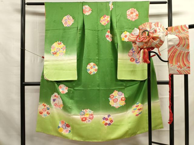 平和屋着物[]七五三　女の子　７歳　祝着　四つ身　つけ帯セット　花丸文　暈し染め　逸品　DAAR1466jm