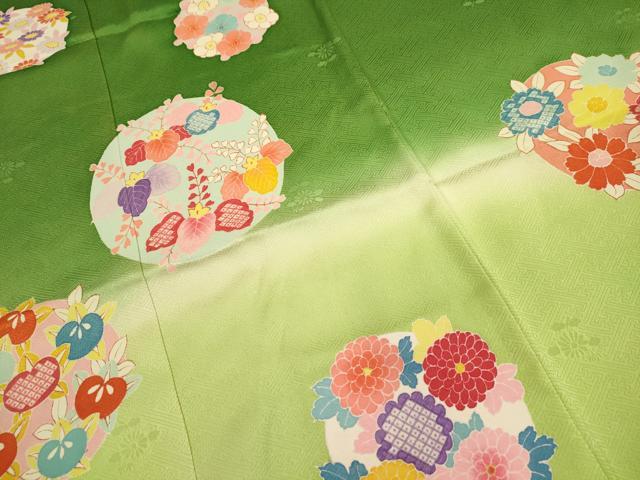 平和屋着物[]七五三　女の子　７歳　祝着　四つ身　つけ帯セット　花丸文　暈し染め　逸品　DAAR1466jm