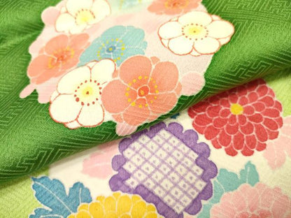 平和屋着物[]七五三　女の子　７歳　祝着　四つ身　つけ帯セット　花丸文　暈し染め　逸品　DAAR1466jm