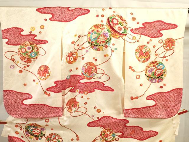 平和屋着物[]七五三　女の子　３歳　祝着　三つ身　長襦袢(半衿刺繍)・被布セット　駒刺繍　鞠花文　金彩　逸品　DAAR1468jm