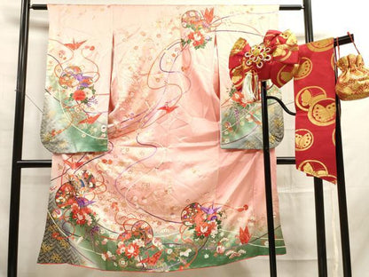 平和屋着物[]七五三　女の子　７歳　祝着　四つ身　つけ帯・巾着セット　鼓花文　折り鶴　暈し染め　金彩　逸品　DAAR1472jm