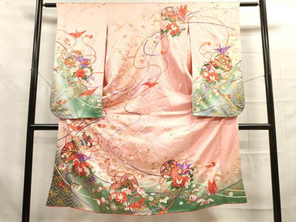 平和屋着物[]七五三　女の子　７歳　祝着　四つ身　つけ帯・巾着セット　鼓花文　折り鶴　暈し染め　金彩　逸品　DAAR1472jm