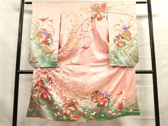 平和屋着物[]七五三　女の子　７歳　祝着　四つ身　つけ帯・巾着セット　鼓花文　折り鶴　暈し染め　金彩　逸品　DAAR1472jm