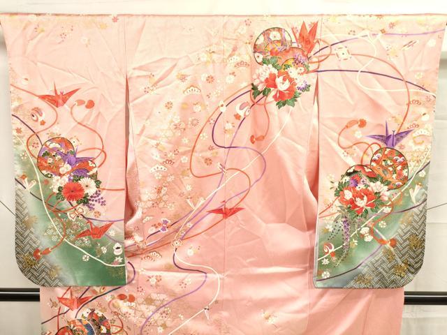 平和屋着物[]七五三　女の子　７歳　祝着　四つ身　つけ帯・巾着セット　鼓花文　折り鶴　暈し染め　金彩　逸品　DAAR1472jm