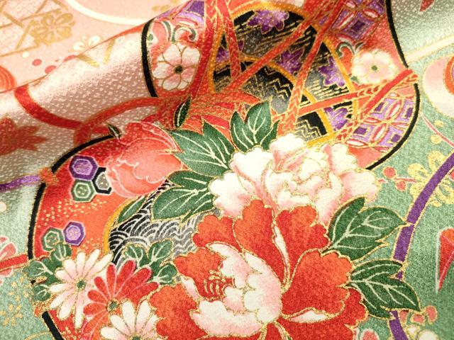 平和屋着物[]七五三　女の子　７歳　祝着　四つ身　つけ帯・巾着セット　鼓花文　折り鶴　暈し染め　金彩　逸品　DAAR1472jm