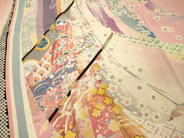 平和屋着物□豪華振袖 駒刺繍 几帳吉祥花文 暈し染め 金銀