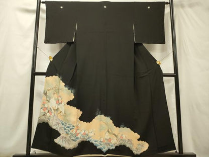 平和屋着物■豪華黒留袖　駒刺繍　群鶴花松文　正絹　逸品　DAAR3238zy