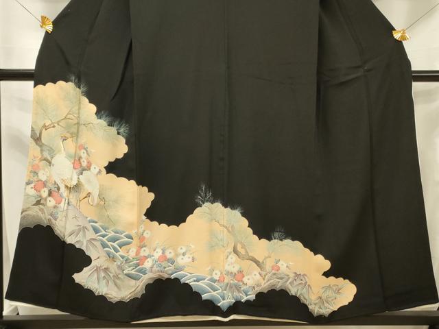 平和屋着物■豪華黒留袖　駒刺繍　群鶴花松文　正絹　逸品　DAAR3238zy