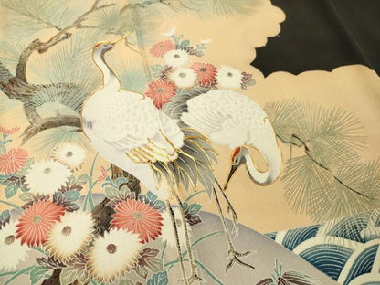平和屋着物■豪華黒留袖　駒刺繍　群鶴花松文　正絹　逸品　DAAR3238zy