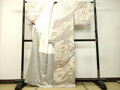 平和屋着物●訪問着 絞り 流水鴛鴦草花文 金彩 正絹 逸品 DAAR4362tw
