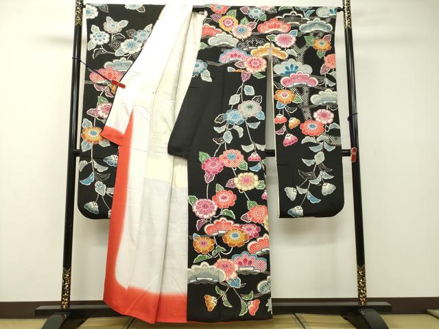 平和屋着物●豪華振袖　型染　草花松文　黒地　鬼しぼ縮緬　正絹　逸品　DAAR4391tw