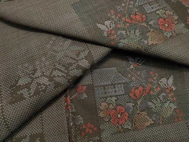 平和屋着物●本場大島紬 9マルキ 色紙風景草花文 正絹 逸品 DAAR4483tw