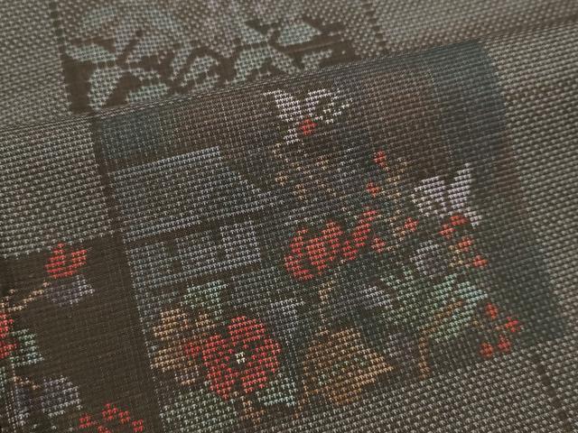 平和屋着物●本場大島紬 9マルキ 色紙風景草花文 正絹 逸品 DAAR4483tw
