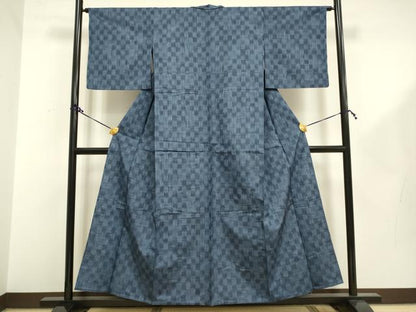 平和屋着物▽上質な紬　単衣　市松霞文　正絹　逸品　未使用　DAAR5158du