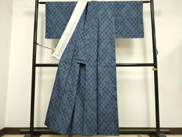 平和屋着物▽上質な紬　単衣　市松霞文　正絹　逸品　未使用　DAAR5158du