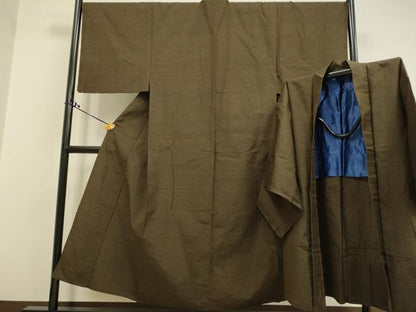 平和屋着物▽男性 紬 単衣 アンサンブル 憲房色 正絹 逸品 DAAR5469du