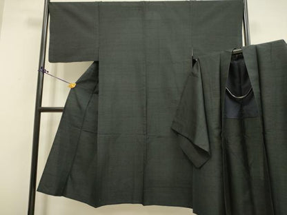 平和屋着物▽男性 紬 単衣 アンサンブル 黒地 正絹 逸品 DAAR5470du