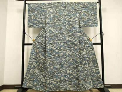 平和屋着物▽本藍　型絵染　小紋　単衣　松竹梅　風景文　正絹　逸品　DAAR5501du