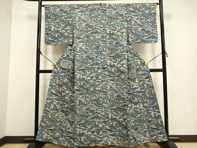 平和屋着物▽本藍　型絵染　小紋　単衣　松竹梅　風景文　正絹　逸品　DAAR5501du